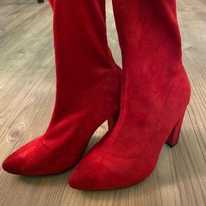 Red Suede Sock Heeled Booties